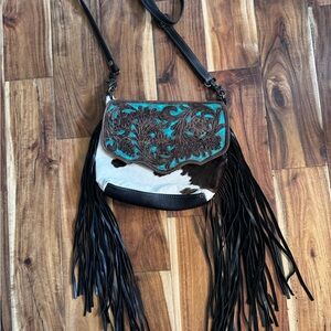 Myra Bag Black and Turquoise Fringe Crossbody